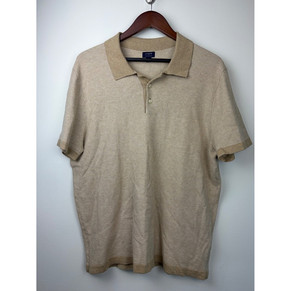 J Crew Polo Shirt XL Tan Khaki Textured Cotton Knit Short Sleeve Preppy Classic